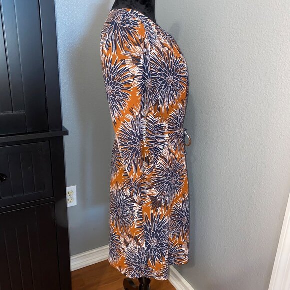 H&M Dress Size 8 Floral Print Brown Blue Knee Length 3/4 Sleeves Boho Retro Chic - Picture 6 of 7